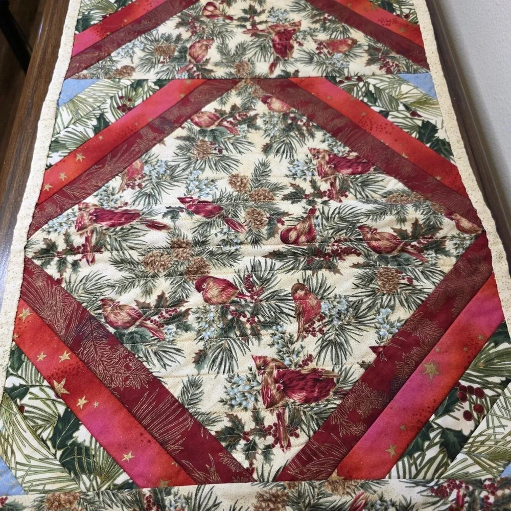 Reversible Christmas Thanksgiving Quilted Table Runner Handmade 14.5x40